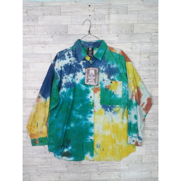 Vintage NEW Short Circuit Tie Dyed Long Sleeve Button Down Shirt Shoulder Pads L - Picture 3 of 10